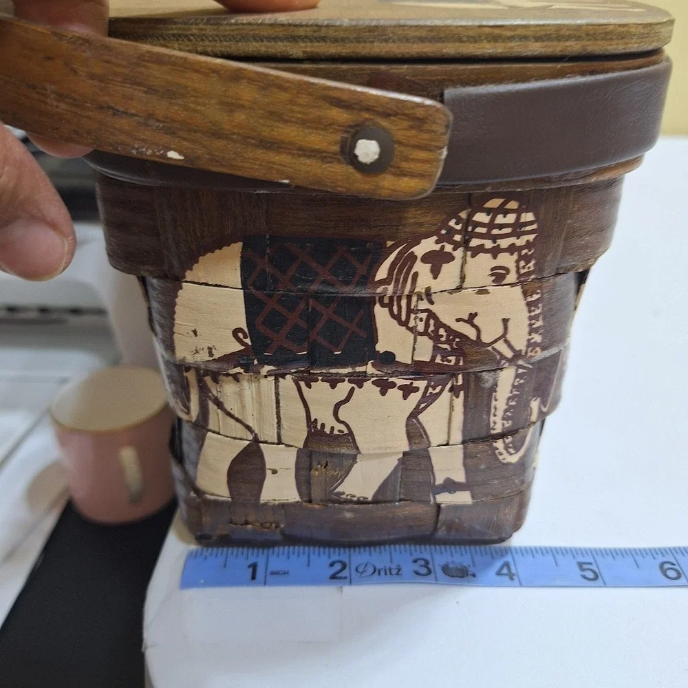 Vintage Caro-Nan Style Woven Wood Basket Purse Elephant Box Handbag Wooden Picni
